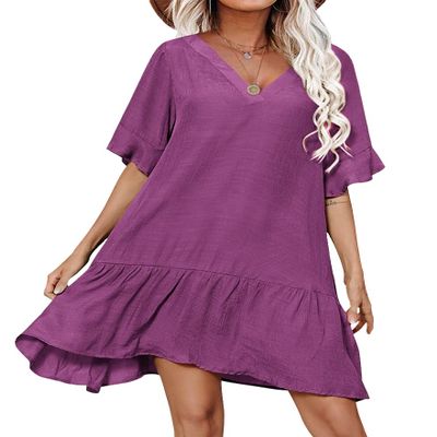 Aoulaydo Womens Swimsuit Coverups Sexy V Neck Bathing Suit Cover Ups Casual Loose Cover Up for Swimwear Purple Red