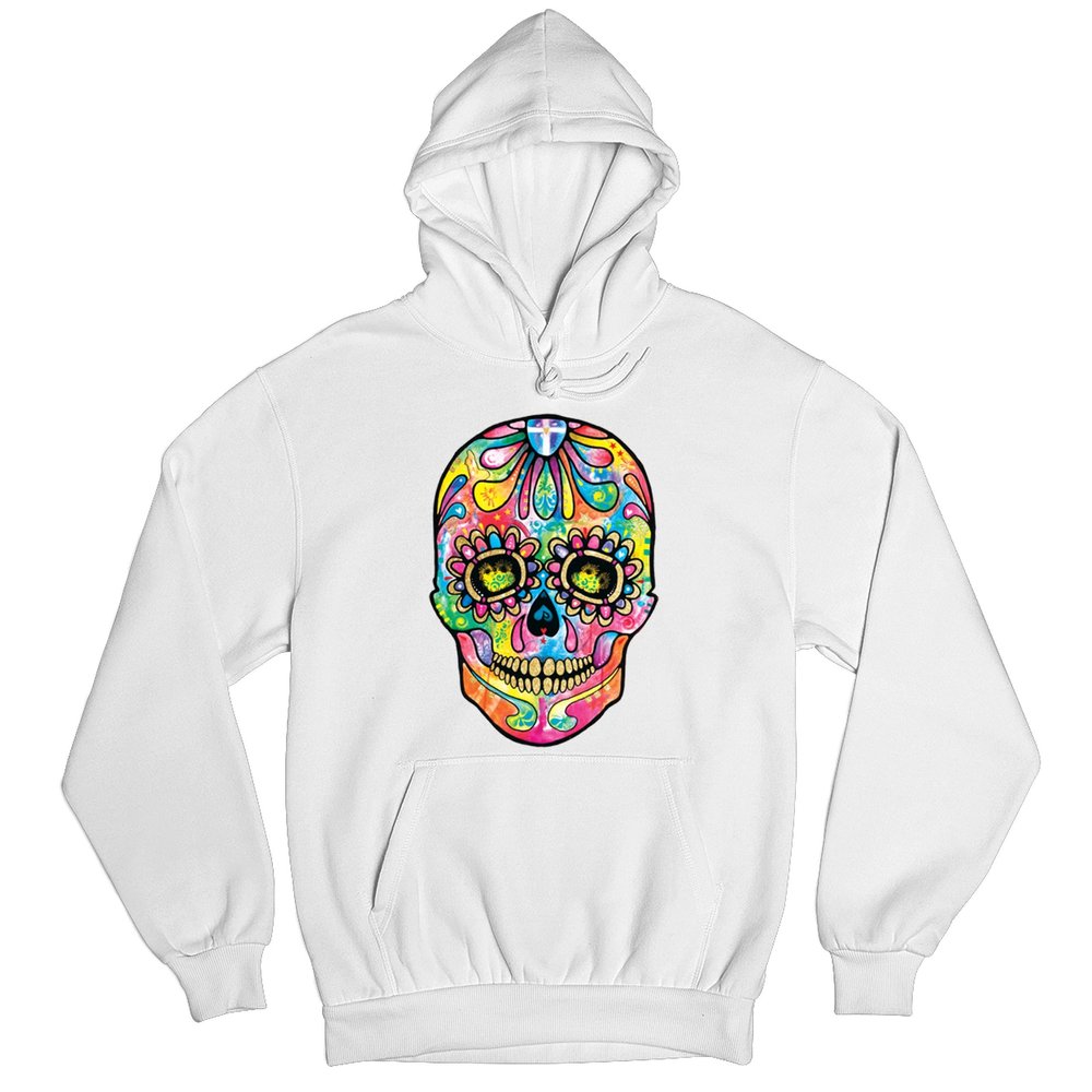 Tee Hunt Dean Russo Sugar Skull Sweatshirt Day of the Dead Neon Calaver Hoodie White Small