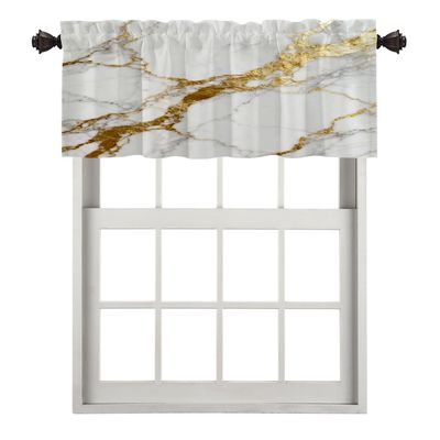 BaoNews White Abstract Marble Kitchen Valances for Windows,Gold Ink Blackout Valances Curtains Multilayer Polyester Drapes for Kitchen Bedroom 1 Pack 52X18 Inches