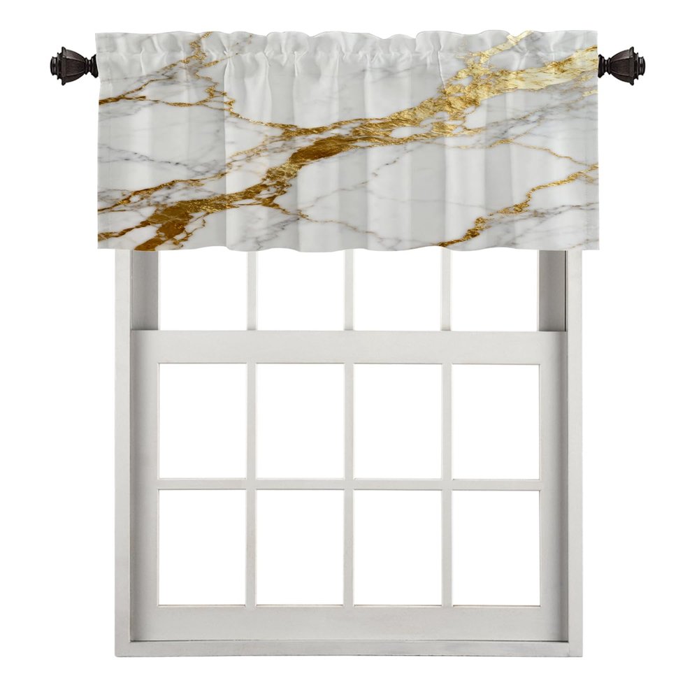 BaoNews White Abstract Marble Kitchen Valances for Windows,Gold Ink Blackout Valances Curtains Multilayer Polyester Drapes for Kitchen Bedroom 1 Pack 52X18 Inches