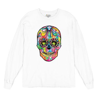 Dean Russo Sugar Skull Long Sleeve T-Shirt Day of The Dead Neon Calaver White Small