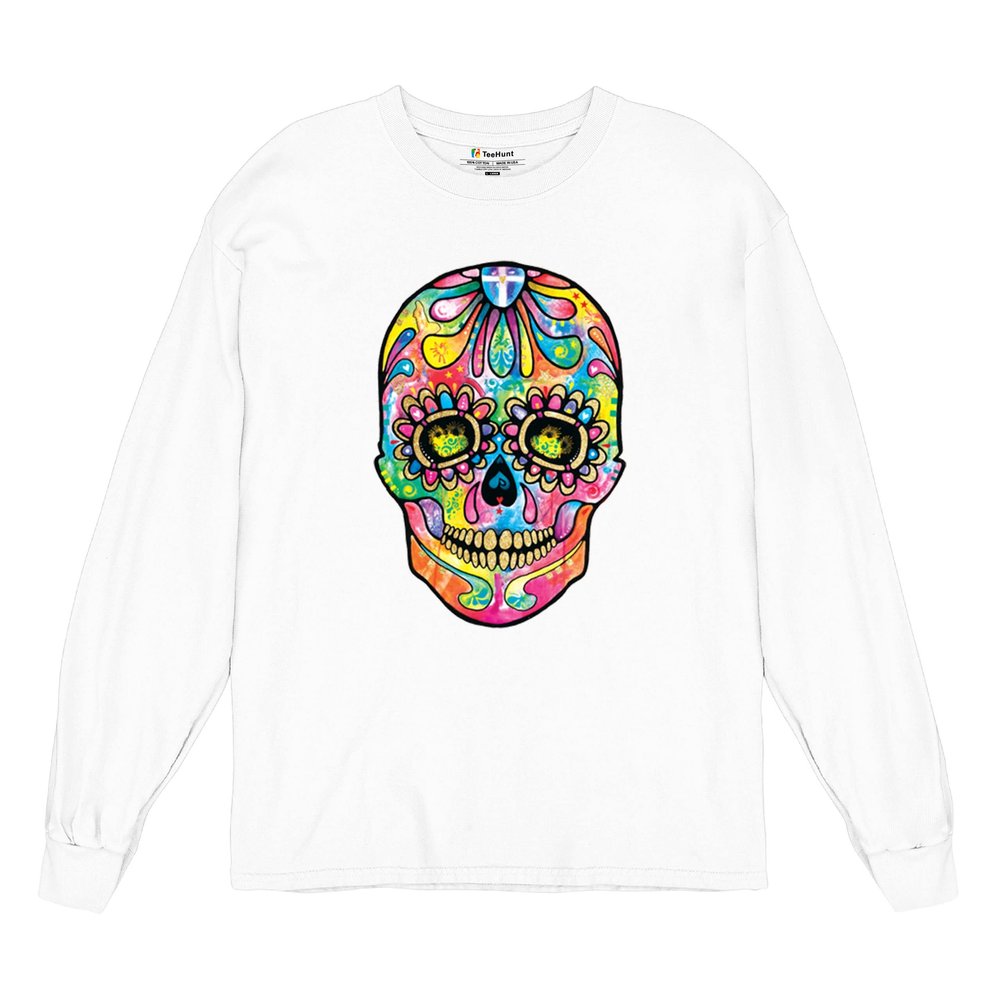 Dean Russo Sugar Skull Long Sleeve T-Shirt Day of The Dead Neon Calaver White Small