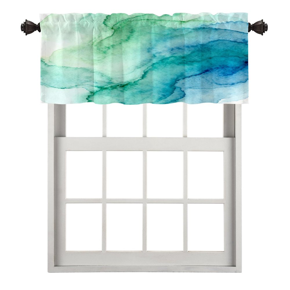 BaoNews Teal Abstract Watercolor Kitchen Valances for Windows,Colorful Modern Paint Blackout Valances Curtains Multilayer Polyester Drapes for Kitchen Bedroom 1 Pack 52X18 Inches