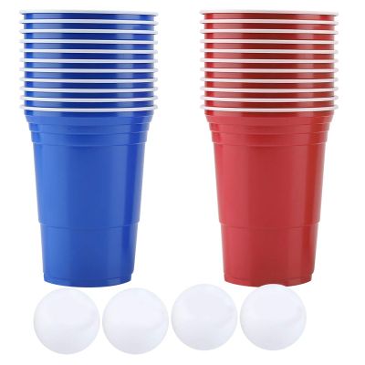 Aqur2020 Beer Pong Set, 22 Plastic Cups with 4 Balls, Red and Blue, 16oz, Party Game for Outdoor Activities
