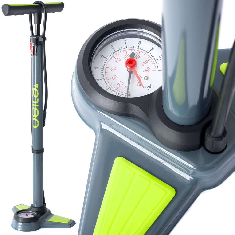 Bike Pump with Gauge by Delta Cycle - Bike Tire Pump with Easy to Read Gauge Fits Schrader and Presta Valves - Compact Air Pump for Bicycles