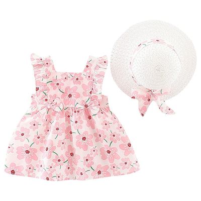 Baby Girl Clothes Floral Summer Outfits Fly Sleeve Bowknot Backless Dress Princess Dress for Newborn Toddler Playsuit with Straw Hat Sundress Pink-Floral 18-24 Months