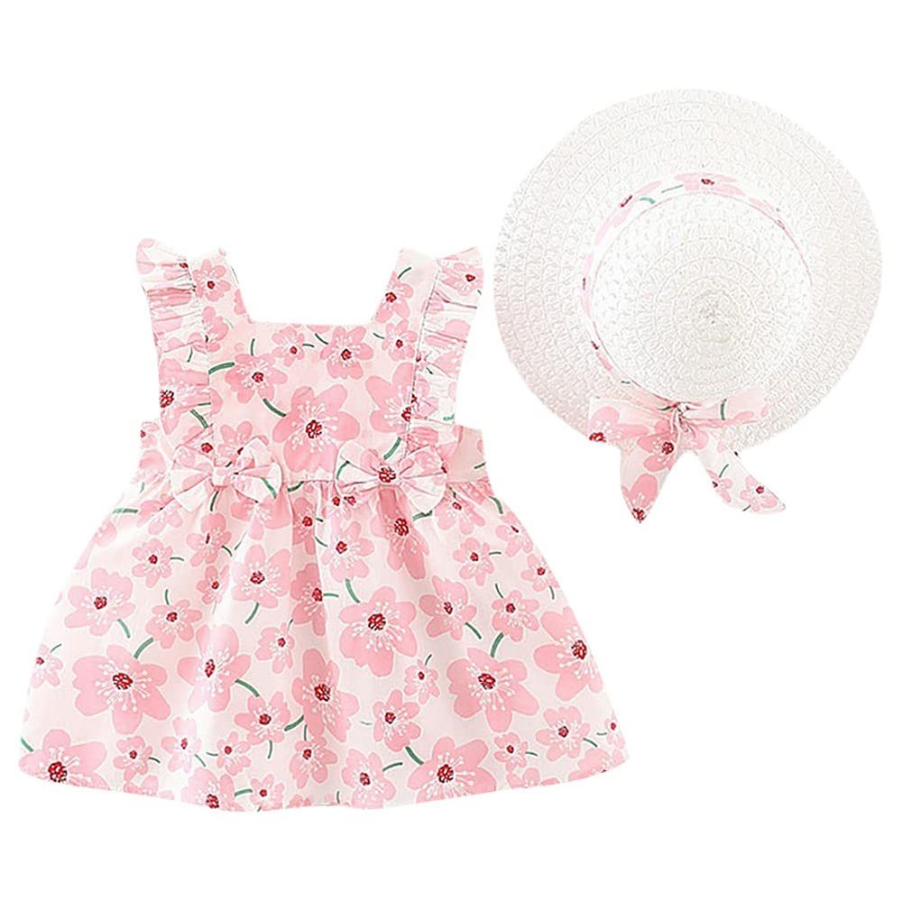 Baby Girl Clothes Floral Summer Outfits Fly Sleeve Bowknot Backless Dress Princess Dress for Newborn Toddler Playsuit with Straw Hat Sundress Pink-Floral 18-24 Months