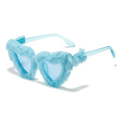 COTIA Retro Heart-Shaped Soft Plush Sunglasses Women Fashion Blue Pink Eyewear Trending Men Cat Eye Sun Glasses UV400 (blue)