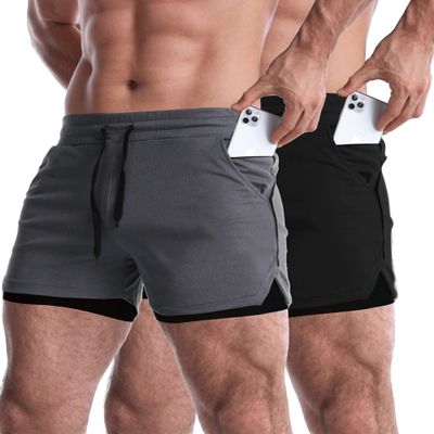EVERWORTH Men's 2 in 1 Workout Shorts 5" Quick Dry Gym Shorts Bodybuilding Short Shorts Compression Shorts with Zipper Pocket 2 Pack GreyBK US XL