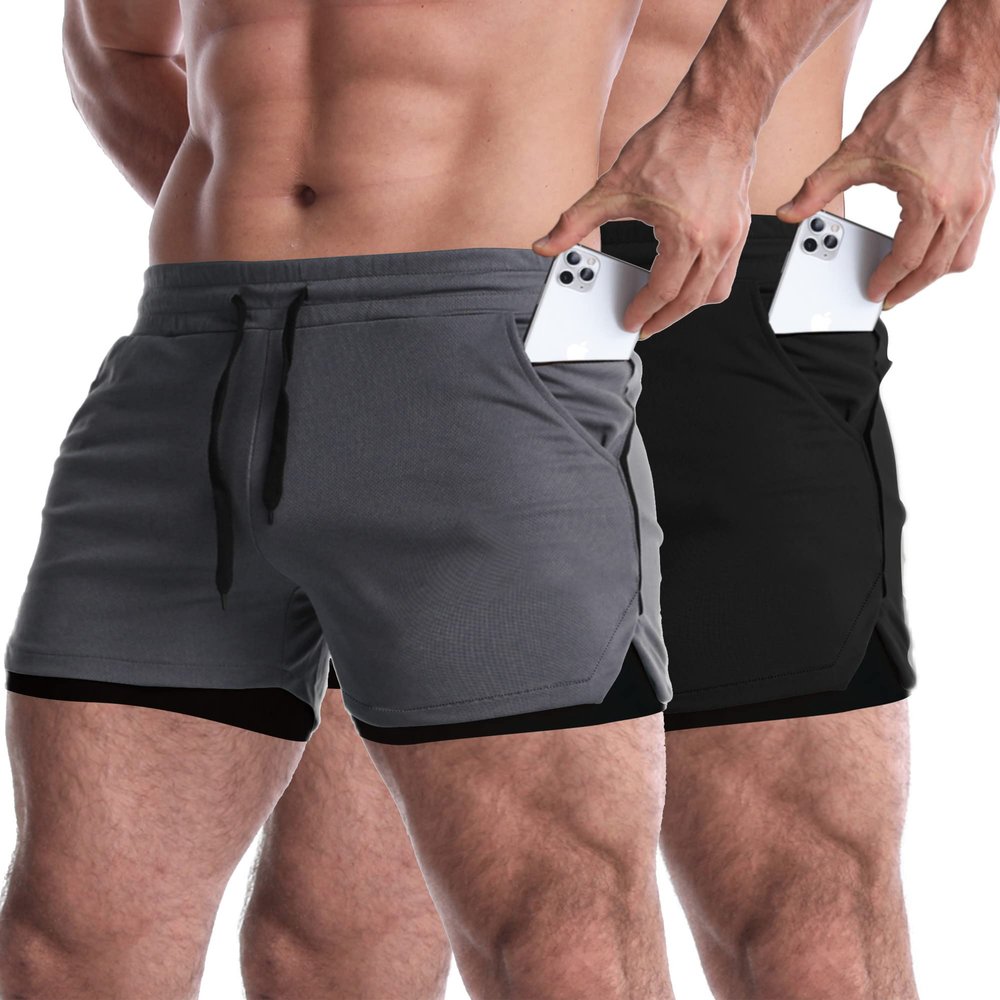 EVERWORTH Men's 2 in 1 Workout Shorts 5" Quick Dry Gym Shorts Bodybuilding Short Shorts Compression Shorts with Zipper Pocket 2 Pack GreyBK US XL