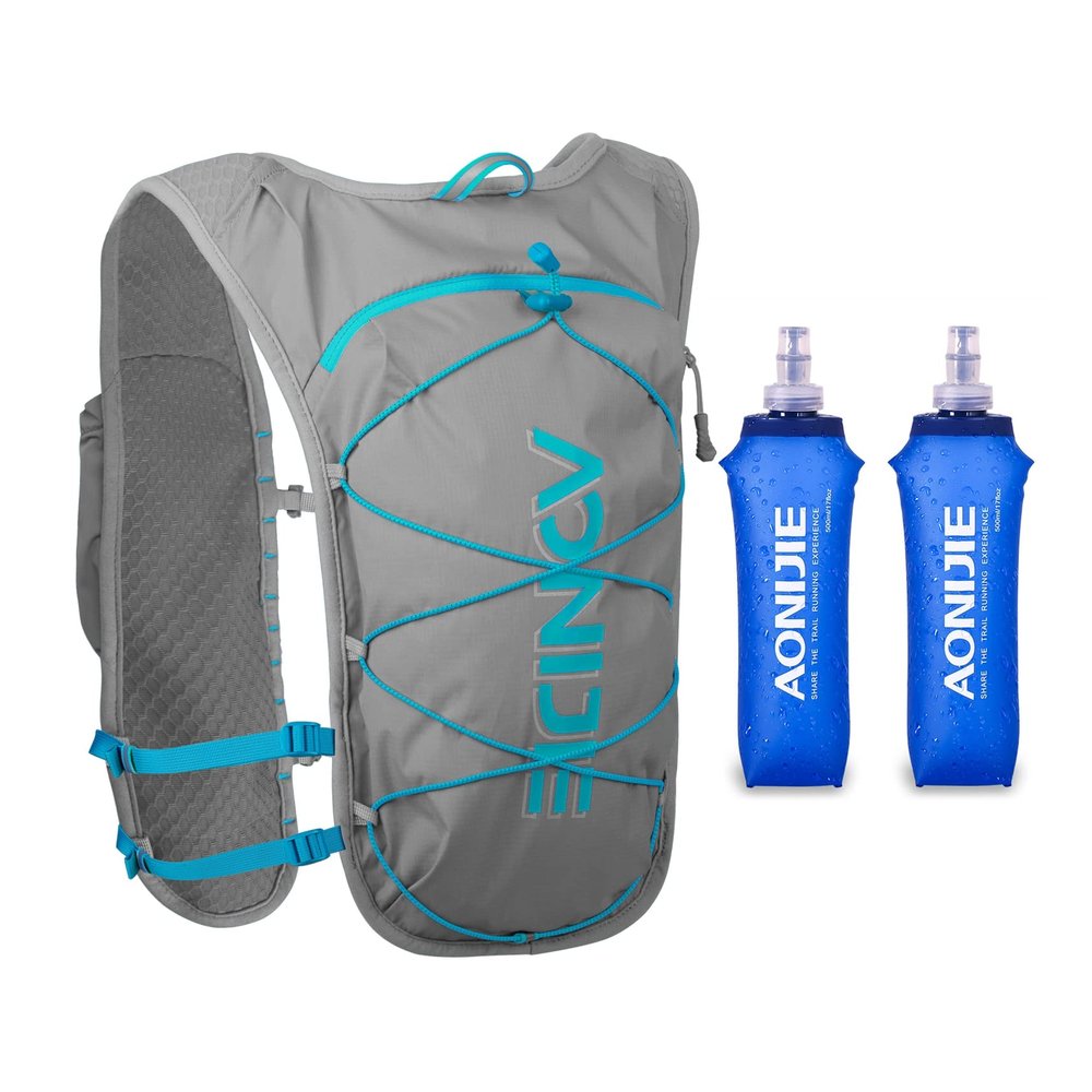Hydration Pack Backpack 5L Running Hydration Vest Cycling Water Rucksack Trail Marathon Race Ultra Light Gray with 2x500ml Kettles
