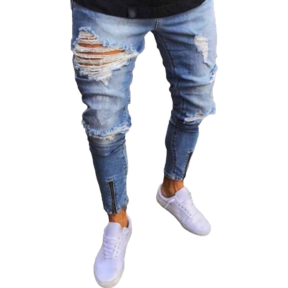 Maiyifu-GJ Men's Ripped Skinny Slim Jeans Destroyed Ankle Zipper Denim Pencil Pants Distressed Tapered Leg Jean Trousers (Light Blue,Small)