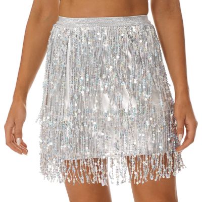 YONGHS Women's Glossy Sequin Tassel Skirts Multilayer Belly Dance Hip Skirt Rave Festival Bottoms Silver Large