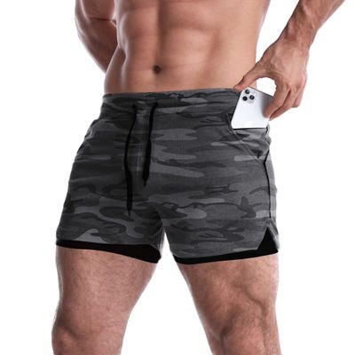 EVERWORTH Men's 2 in 1 Workout Shorts 5" Quick Dry Gym Shorts Bodybuilding Short Shorts Compression Shorts with Zipper Pocket Camo US S