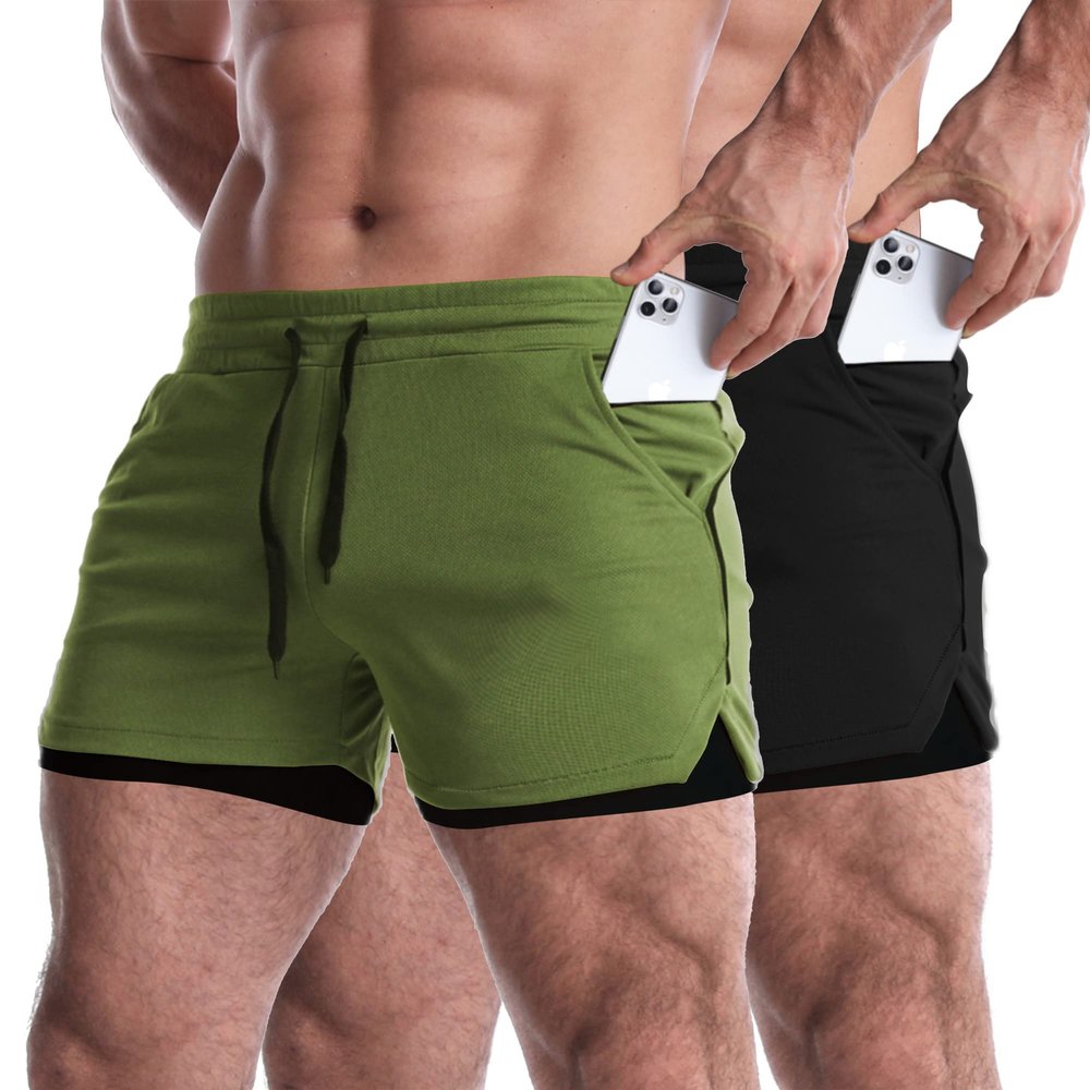 EVERWORTH Men's 2 in 1 Workout Shorts 5" Quick Dry Gym Shorts Bodybuilding Short Shorts Compression Shorts with Zipper Pocket 2 Pack GreenBK US L