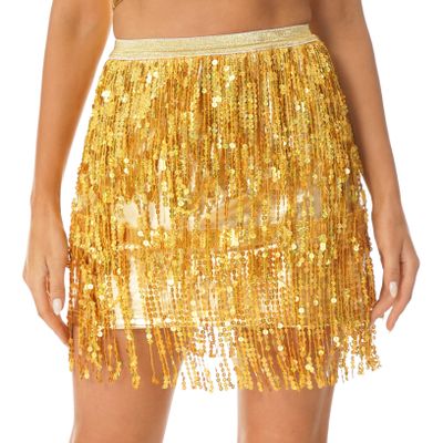 ACSUSS Women Sexy Belly Skirt Sequined Tassel Fringe Mini Skirt for Dance Performance Rave Party Gold Large