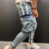Maiyifu-GJ Men's Multi Pockets Ripped Jeans Destroyed Skinny Denim Pencil Pants Side Stripe Slim Jean Trousers with Holes (Light Blue,Small) view 2