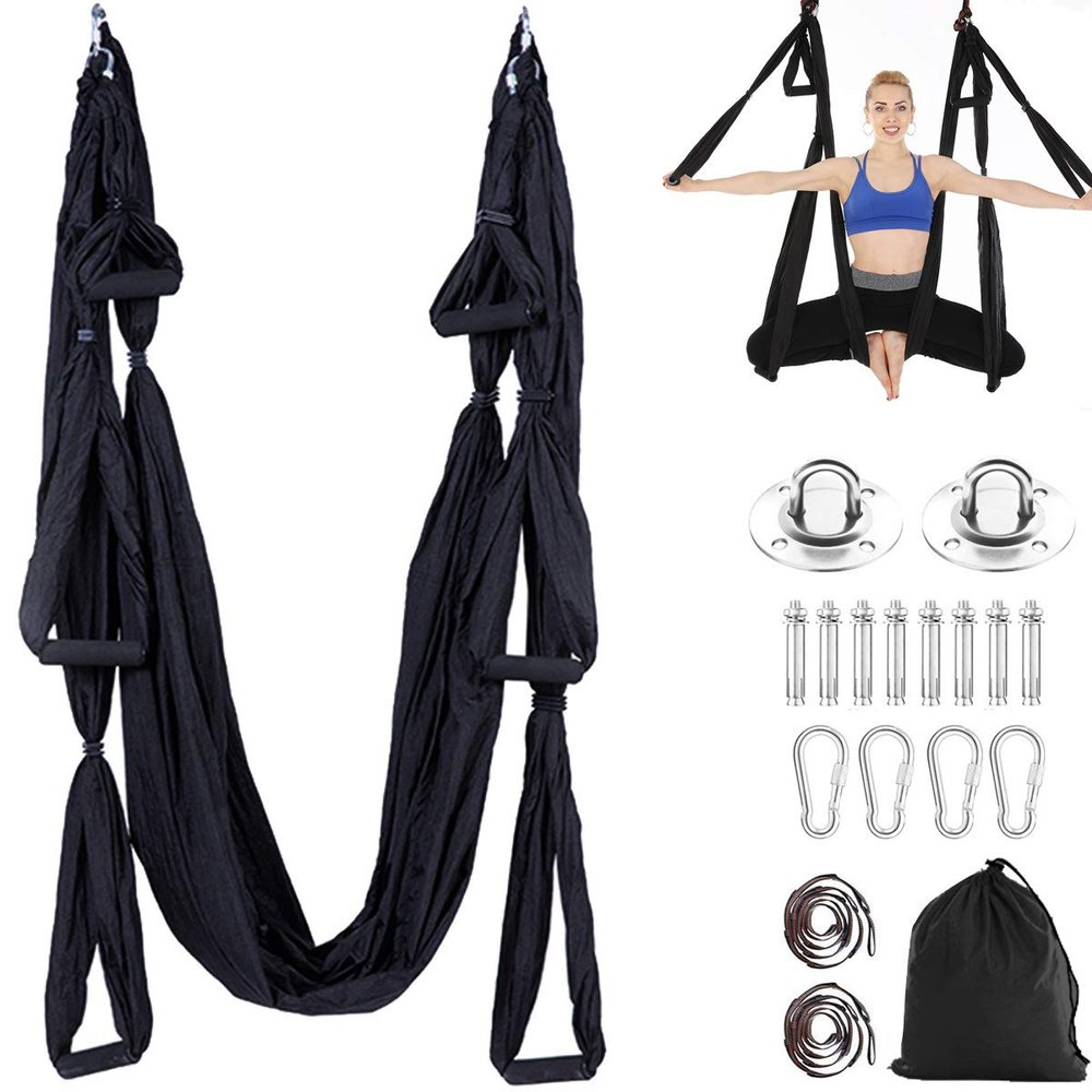 Aerial Yoga Hammock 6 Handle Set - Antigravity Yoga, Inversion Exercises, Improved Flexibility & Core Strength (Black)