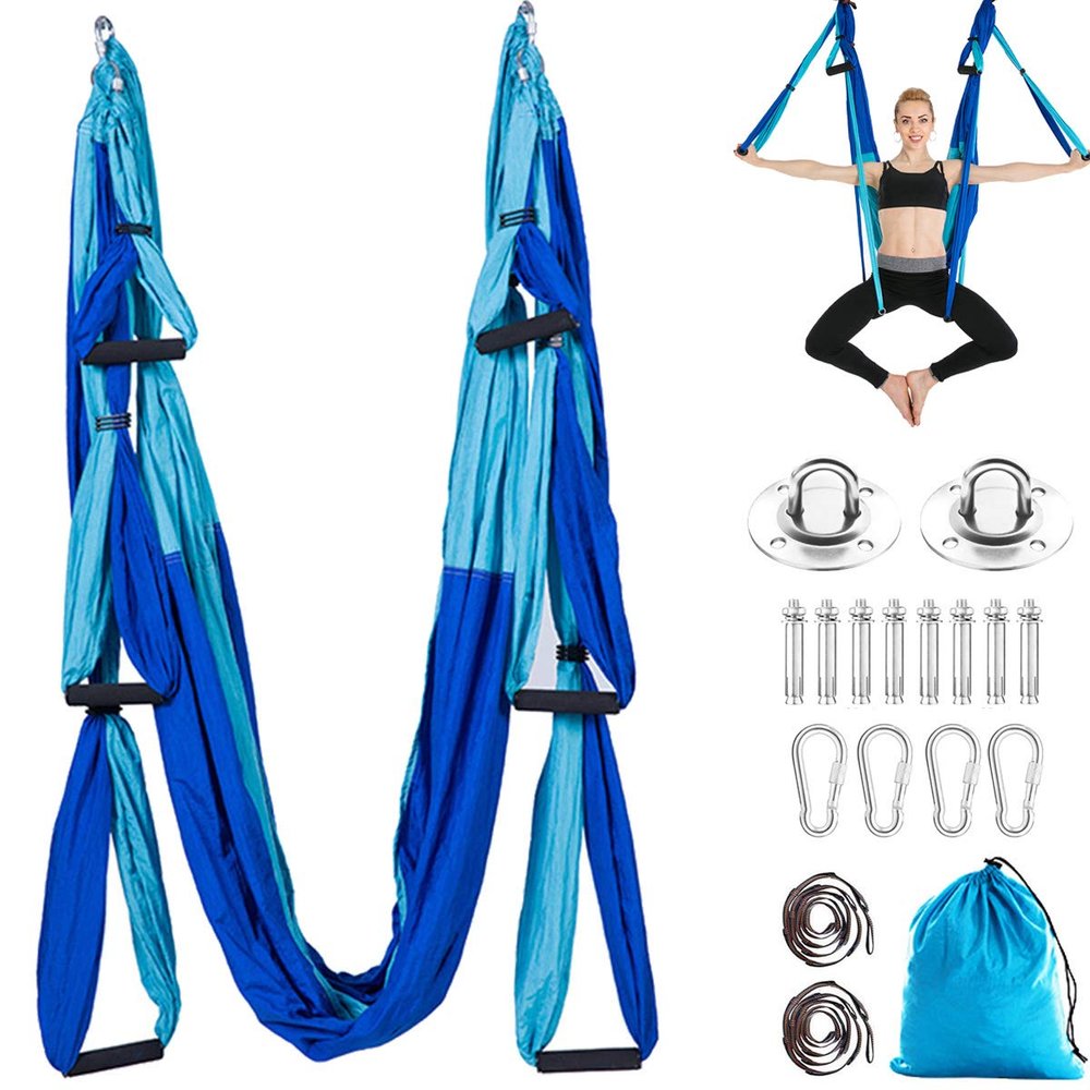 Aerial Yoga Hammock 6 Handle Set - Antigravity Yoga, Inversion Exercises, Improved Flexibility & Core Strength (Double Blue)