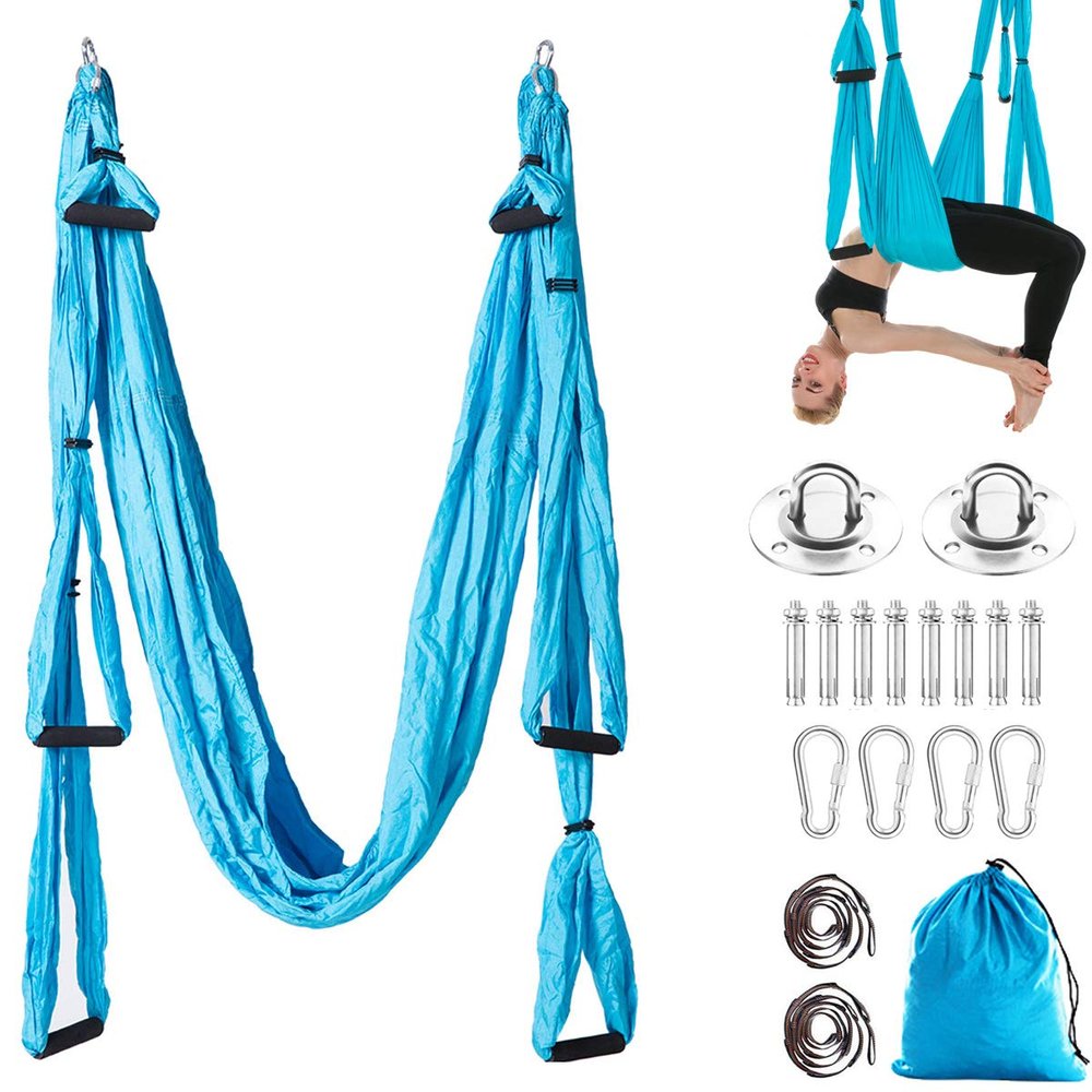 Aerial Yoga Hammock 6 Handle Set - Antigravity Yoga, Inversion Exercises, Improved Flexibility & Core Strength (Sky Blue)