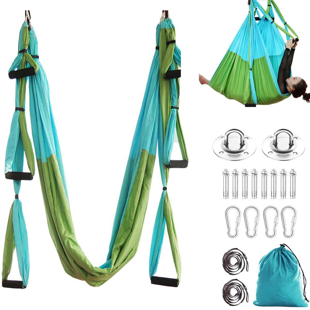 Aerial Yoga Hammock 6 Handle Set - Antigravity Yoga, Inversion Exercises, Improved Flexibility & Core Strength (Sky Blue and Fruit Green)