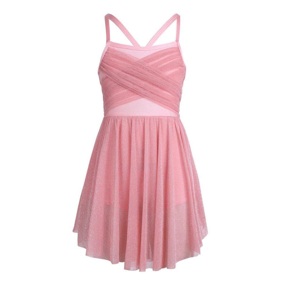 vastwit Kids Girls Glittery Mesh Ballet Latin Dance Leotard Spaghetti Shoulder Straps Gymnastics Dresses Pearl Pink 12 Years