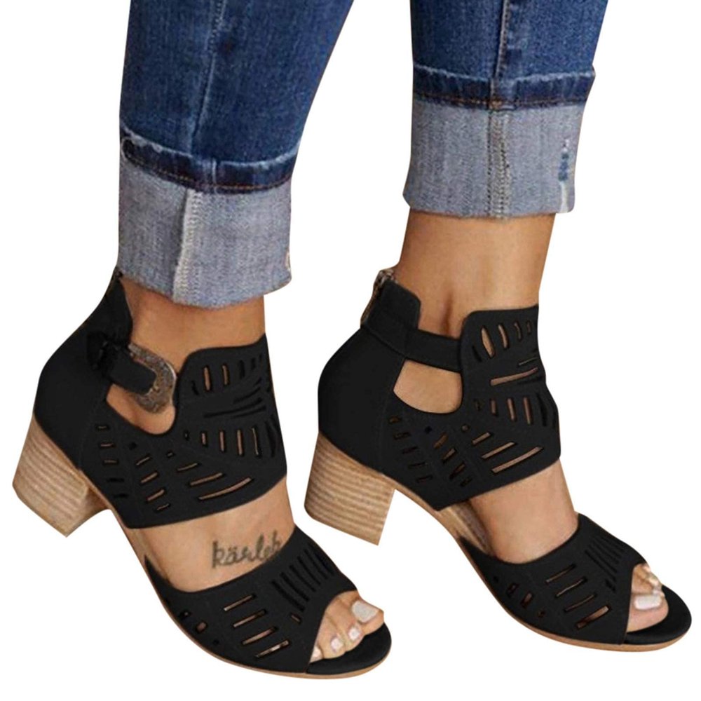 BORAMAX Ladies Ankle Buckle Sandals, Roman Sandals Casual Summer Hollow Open Toe High Chunky Heel Booties Black-10