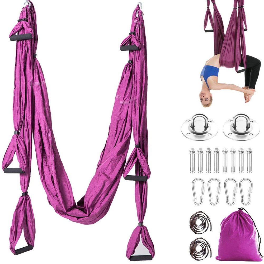 Aerial Yoga Hammock 6 Handle Set - Antigravity Yoga, Inversion Exercises, Improved Flexibility & Core Strength (Dark Purple)