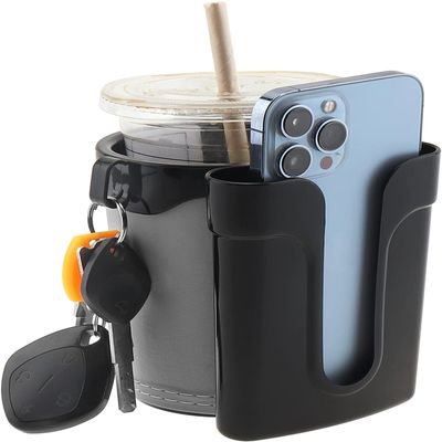 Tobefore Bike Cup Holder ABS+PU Leather with Phone Mount and Keys HookAdjustable Drink Holder for Bicycle Handlebar,Universal Coffee Holder for Bicycle, Wheelchair, Scooter and Walker(Black Gray)
