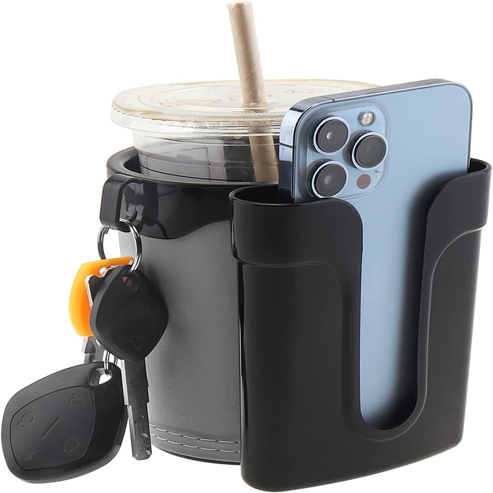 Tobefore Bike Cup Holder ABS+PU Leather with Phone Mount and Keys HookAdjustable Drink Holder for Bicycle Handlebar,Universal Coffee Holder for Bicycle, Wheelchair, Scooter and Walker(Black Gray)