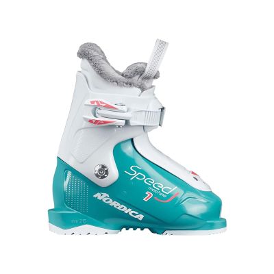Nordica Speedmachine J1 Kid's Alpine Ski Boot, Light Blue/White/Pink, 16.5