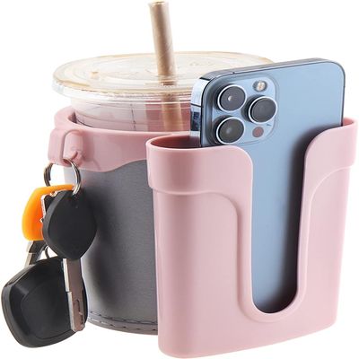 Tobefore Bike Cup Holder ABS+PU Leather with Phone Mount and Keys HookAdjustable Drink Holder for Bicycle Handlebar,Universal Coffee Cup Holder for Bicycle, Wheelchair, Scooter and Walker(Gray Pink)