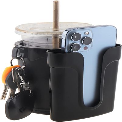 Tobefore Bike Cup Holder ABS+PU Leather with Phone Mount and Keys HookAdjustable Drink Holder for Bicycle Handlebar,Universal Coffee Cup Holder for Bicycle, Wheelchair, Scooter and Walker(Black)