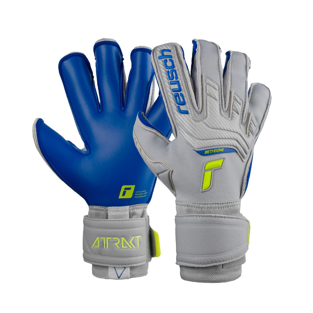 Reusch Attrakt Gold X Evolution Cut Goalkeeper Gloves, Gray/Blue/Yellow, Size 8