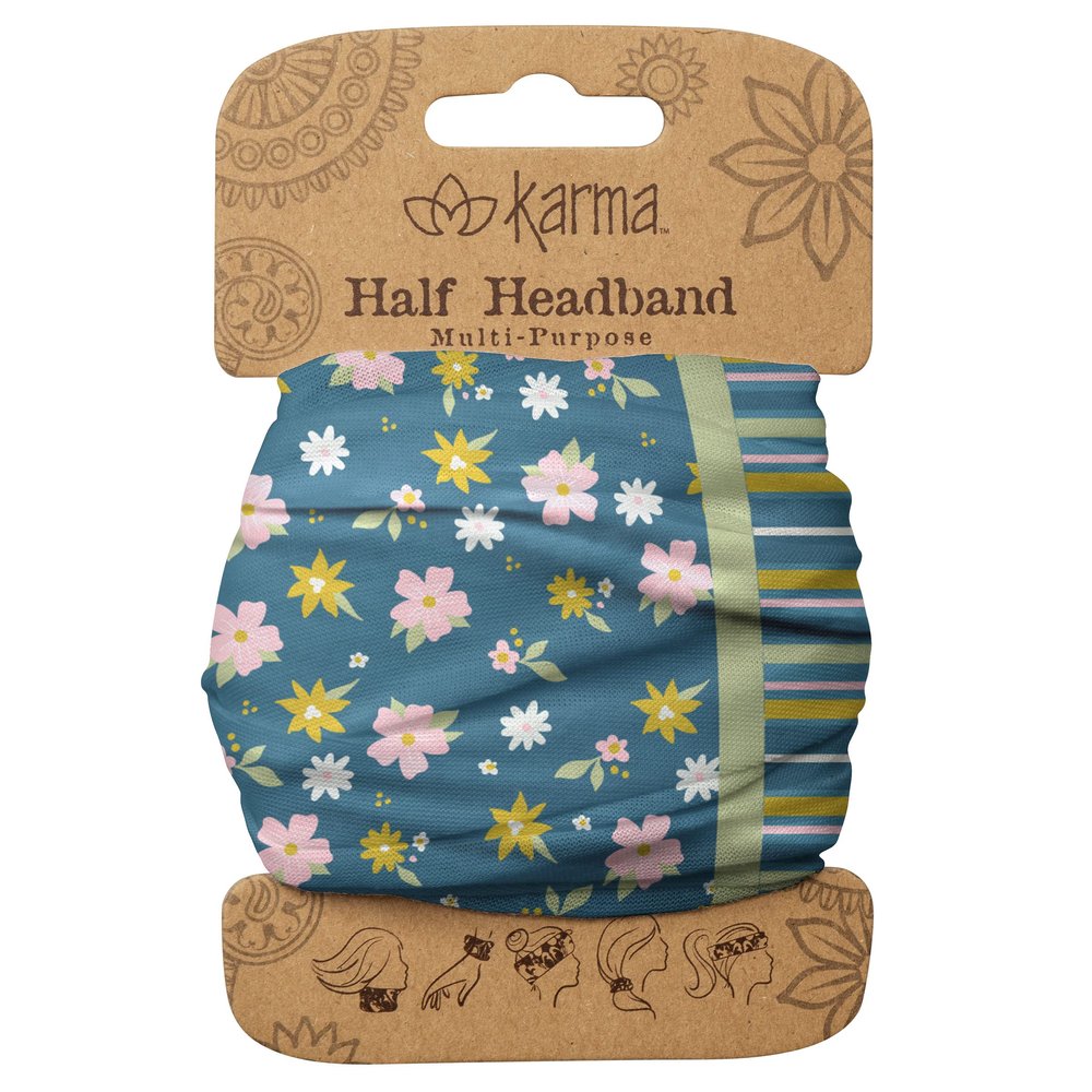 Karma Navy Split Floral Headband for Women - Medium - Fabric Headband and Stretchy Hair Scarf - Navy