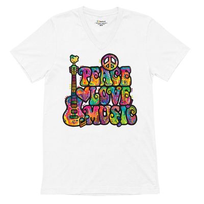 Dean Russo Peace Love Music V-Neck T-Shirt Guitar Happy Good Vibe Tee White Small