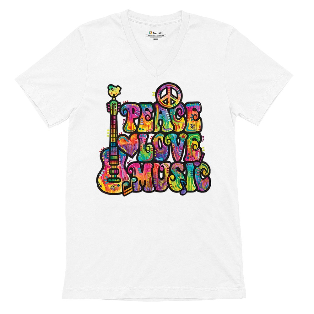 Dean Russo Peace Love Music V-Neck T-Shirt Guitar Happy Good Vibe Tee White Small