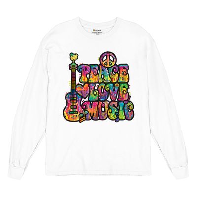 Dean Russo Peace Love Music Long Sleeve T-Shirt Guitar Happy Good Vibe White Small