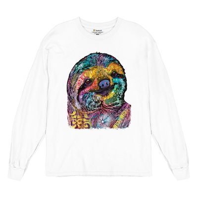 Dean Russo Cute Lazy Sloth Long Sleeve T-Shirt Funny Wild Life Colorful White Small