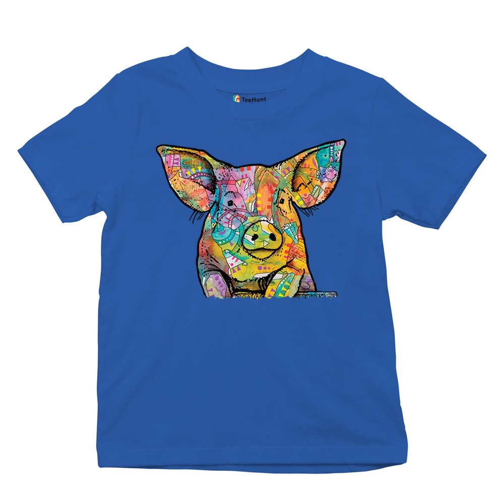 Dean Russo Funny Cute Pig Youth T-Shirt Farm Piglet Lover Barn Kids Blue Small