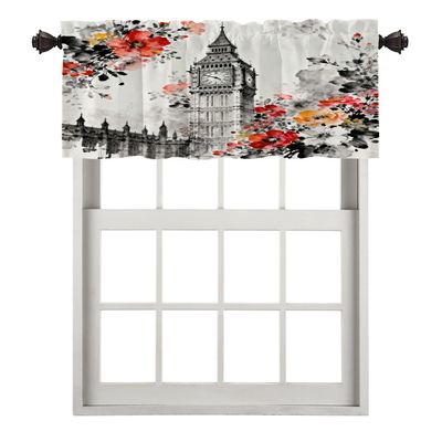 BaoNews Black and Red Europe Bell Tower Kitchen Valances for Windows,London City Blackout Valances Curtains Multilayer Polyester Drapes for Kitchen Bedroom 1 Pack 52X18 Inches