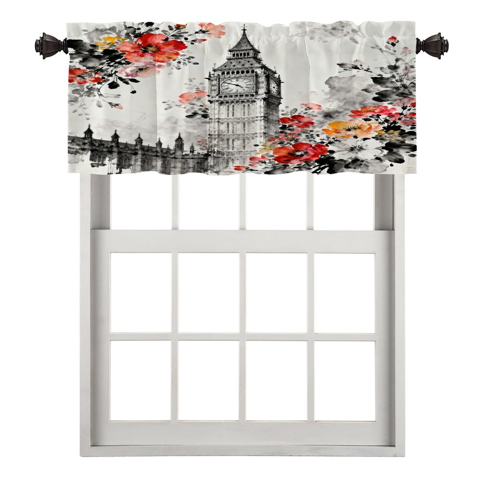 BaoNews Black and Red Europe Bell Tower Kitchen Valances for Windows,London City Blackout Valances Curtains Multilayer Polyester Drapes for Kitchen Bedroom 1 Pack 52X18 Inches