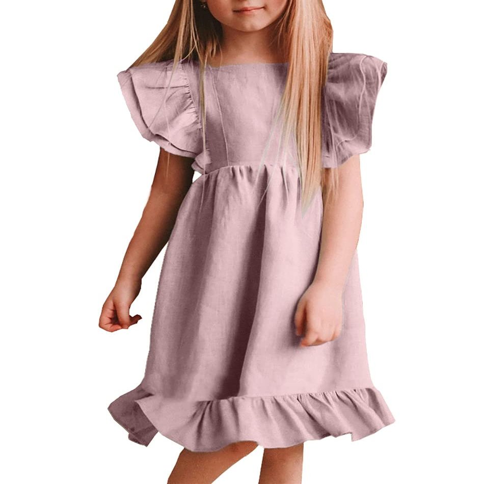Bigeoosh Girls Dress Linen Boho Party Ruffle Sleeve A-Line Floral Hem Loose Fit Summer Outfits for 5-12 Years Kids Pink