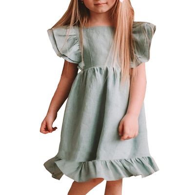 Bigeoosh Girls Dress Linen Boho Party Ruffle Sleeve A-Line Floral Hem Loose Fit Summer Outfits for 5-12 Years Kids Green