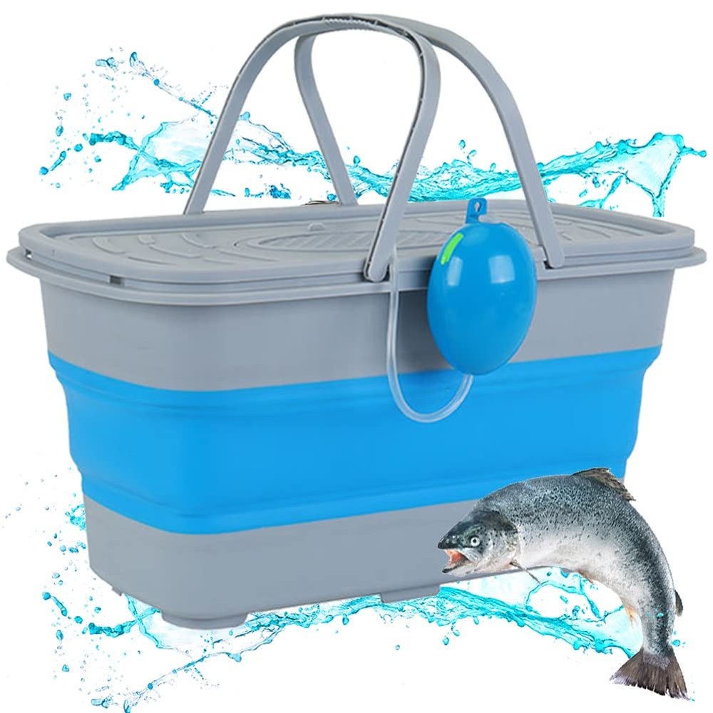 DYK&NX Collapsible Fishing Bucket, Foldable Fish Bucket, Rechargeable Air Pump, Live Fish and Bait Container Outdoor Camping Fishing Bag and Fish Protection Bucket