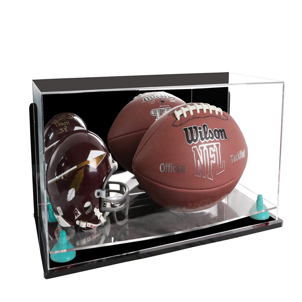 Better Display Cases Acrylic Display Case for Full Size Football and Mini Helmet - Large Rectangle Box with Mirror Case, Blue Risers, Wall Mount and Clear Base 19.25" x 8.25" x 8" (B47/A103)