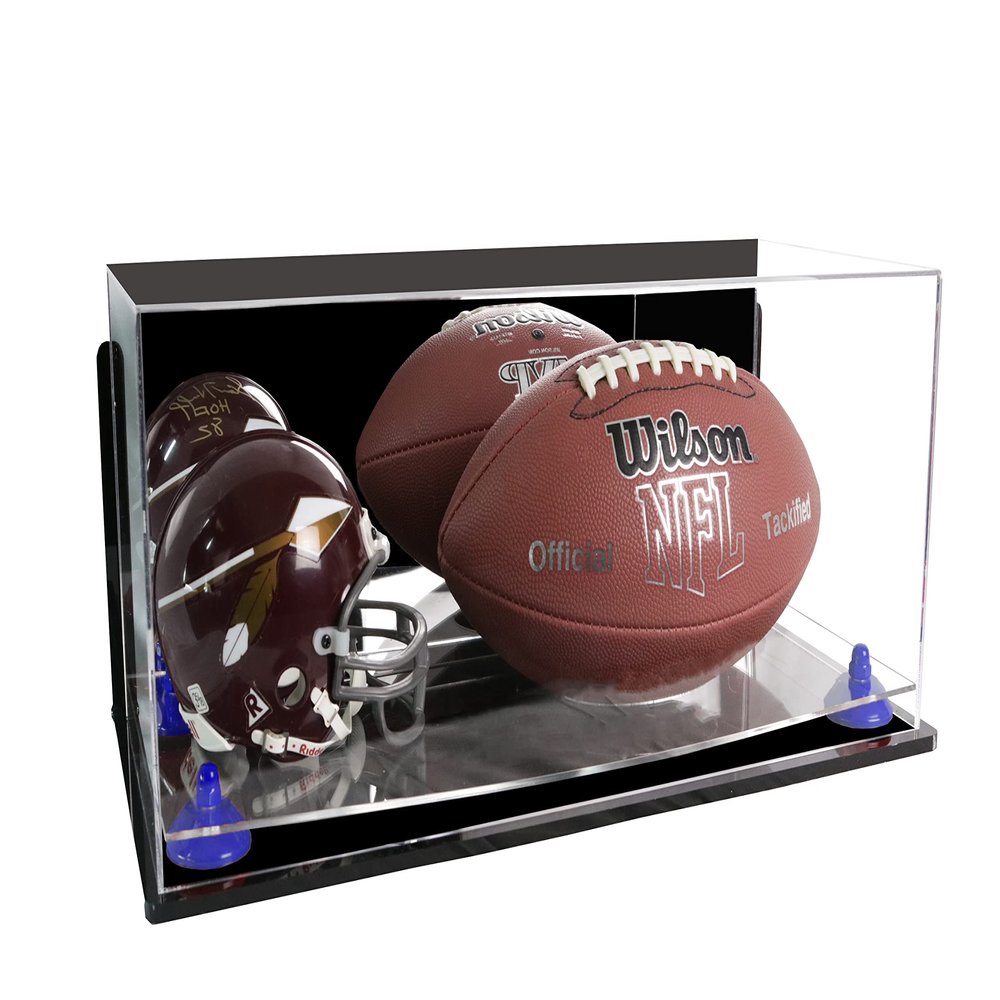 Better Display Cases Acrylic Display Case for Full Size Football and Mini Helmet - Large Rectangle Box with Mirror Case, Navy Blue Risers, Wall Mount and Clear Base 19.25" x 8.25" x 8" (B47/A103)