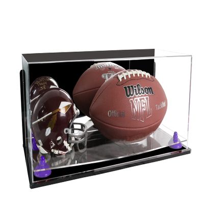 Better Display Cases Acrylic Display Case for Full Size Football and Mini Helmet - Large Rectangle Box with Mirror Case, Purple Risers, Wall Mount and Clear Base 19.25" x 8.25" x 8" (B47/A103)