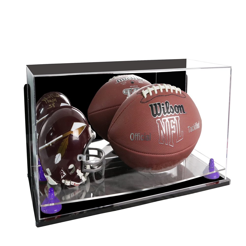 Better Display Cases Acrylic Display Case for Full Size Football and Mini Helmet - Large Rectangle Box with Mirror Case, Purple Risers, Wall Mount and Clear Base 19.25" x 8.25" x 8" (B47/A103)