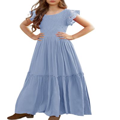 MITILLY Girls Lace Flower Ruffle Sleeve A-Line Swing Wedding Party Long Maxi Dress with Pockets 12-13 Years Light Blue